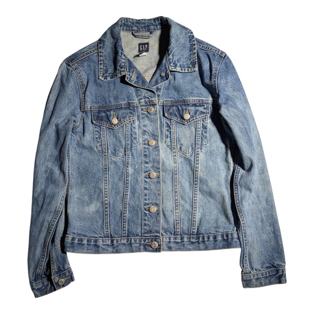 Vtg Y2K Gap Distressed Blue Cotton Denim Collared Classic Trucker Jacket Sz S